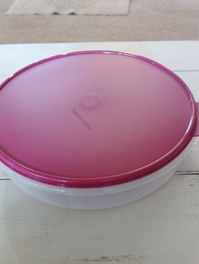 Tupperware Round Container with Pink Lid and Frosted White Base